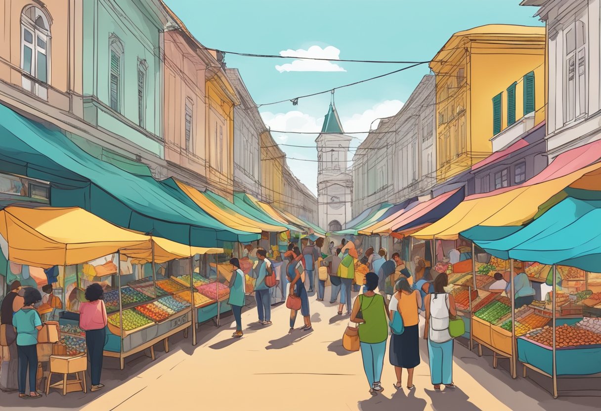 Comprar Piercing Curitiba: As Melhores Opções de Lojas e Estúdios Um movimentado mercado de rua em Curitiba, com barracas coloridas vendendo vários tipos de piercings. As pessoas passeiam e conversam com os vendedores.