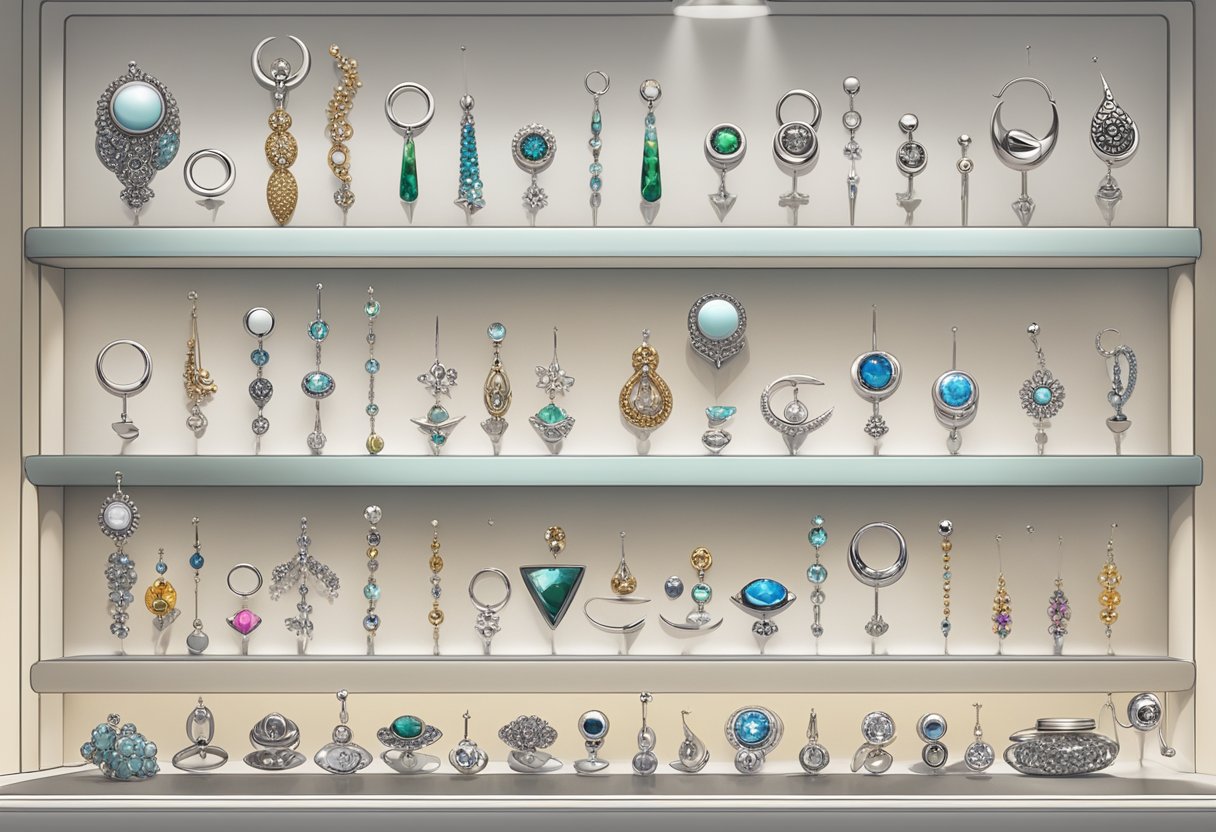 Comprar Piercing Curitiba: As Melhores Opções de Lojas e Estúdios Uma exibição de vários tipos de piercings dispostos em um balcão elegante e moderno em uma loja de piercings em Curitiba. Cada piercing está etiquetado com seu significado correspondente.