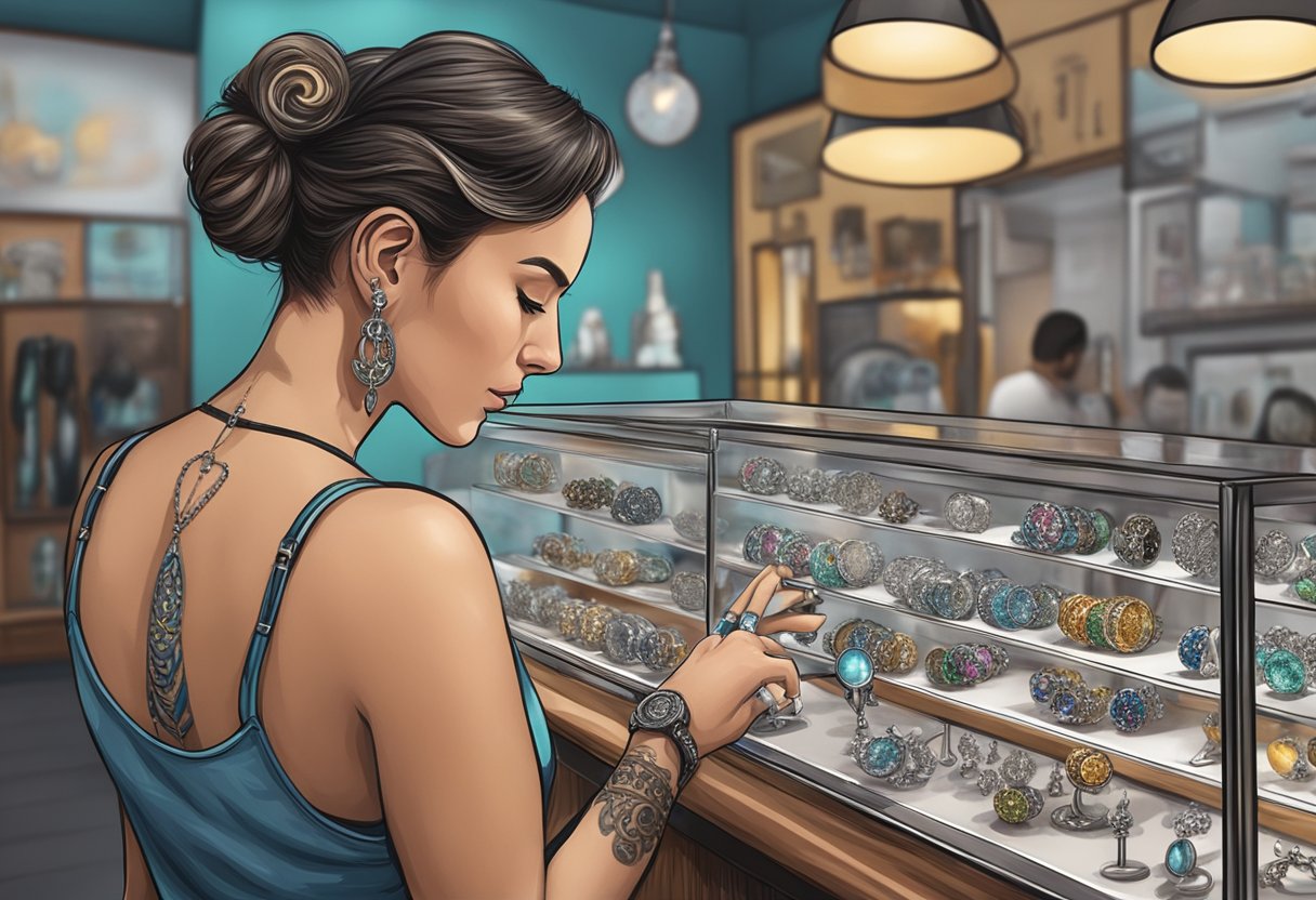 Comprar Piercing Curitiba: As Melhores Opções de Lojas e Estúdios Um cliente navegando por uma seleção de joias de piercing corporal em um estúdio de tatuagem e piercing em Curitiba.