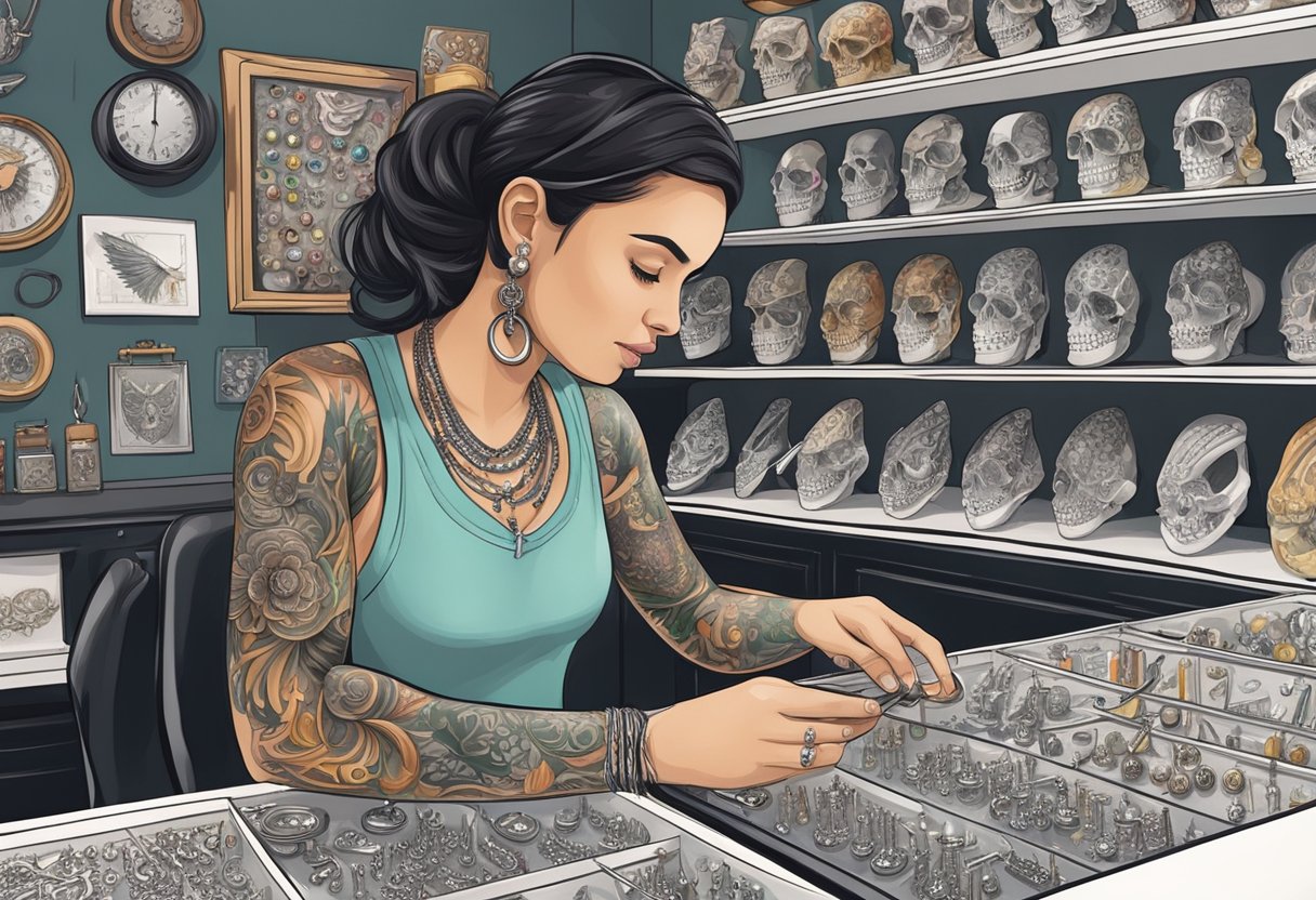 Comprar Piercing Curitiba: As Melhores Opções de Lojas e Estúdios Uma pessoa navegando por uma variedade de opções de piercings em uma loja de tatuagens e piercings em Curitiba, examinando cuidadosamente os diferentes estilos e tamanhos disponíveis.