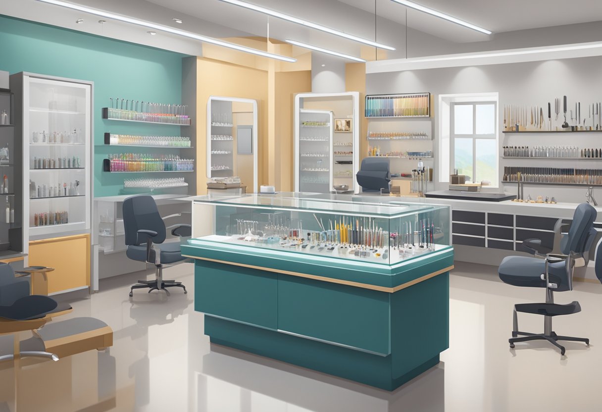 Lugares para Furar Piercing Perto de Mim: Guia de Estúdios Recomendados Uma exibição de vários materiais e ferramentas de piercings dispostos em um balcão limpo e bem iluminado em um estúdio de piercing profissional