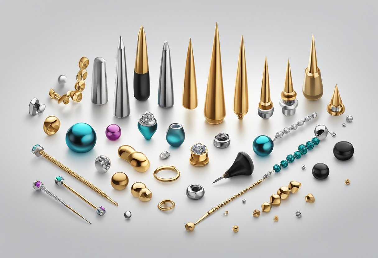 Lugares para Furar Piercing Perto de Mim: Guia de Estúdios Recomendados Uma exposição de vários tipos de piercings dispostos em uma superfície limpa e branca, com diferentes opções de colocação representadas ao redor deles.