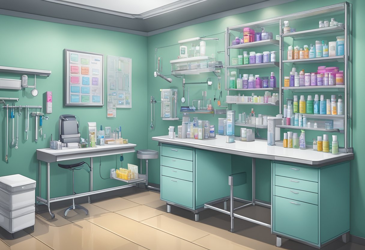 Lugares para Furar Piercing Perto de Mim: Guia de Estúdios Recomendados Uma sala estéril com equipamentos de perfuração e produtos de cuidados pós-procedimento organizados de forma ordenada em um balcão. Uma placa na parede lista as instruções de cuidados pós-aplicação.