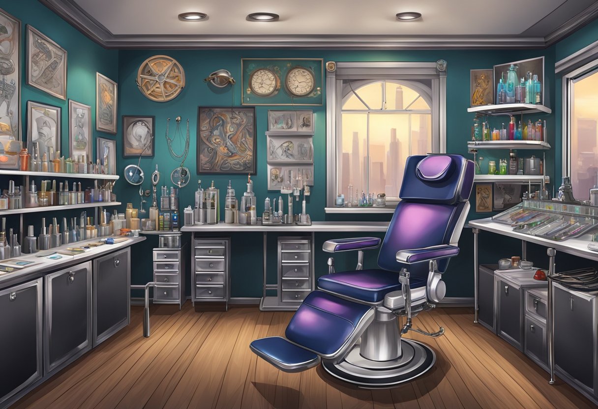 Lugares para Furar Piercing Perto de Mim: Guia de Estúdios Recomendados Um estúdio de tatuagem e piercings com uma variedade de joias corporais em exibição, uma cadeira de piercing e uma área de trabalho estéril.