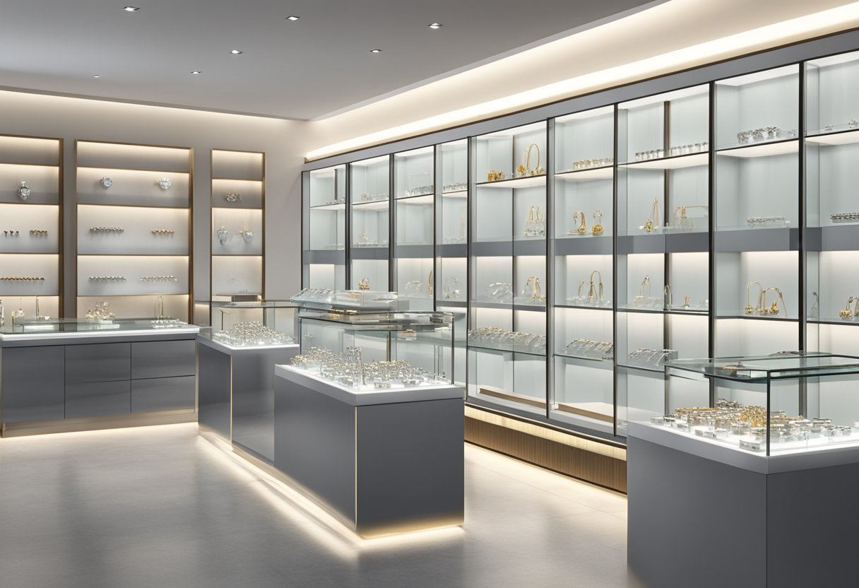 Onde Comprar Piercing de Aço Cirúrgico: Melhores Lojas e Dicas Uma vitrine de loja de joias limpa e moderna exibe uma variedade de piercings em aço cirúrgico, com iluminação brilhante destacando as superfícies de metal elegantes e polidas.