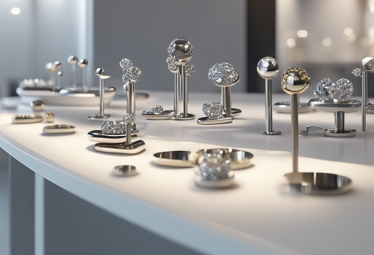 Onde Comprar Piercing de Aço Cirúrgico: Melhores Lojas e Dicas Uma exibição de piercings de aço cirúrgico em várias formas e tamanhos, dispostos de maneira organizada em um balcão elegante e moderno em uma joalheria bem iluminada.