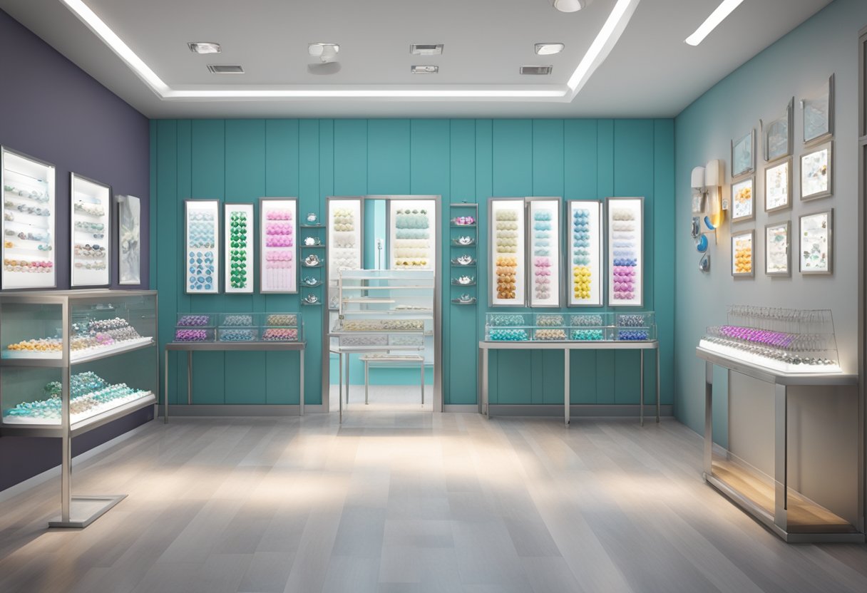 Onde Comprar Piercing de Aço Cirúrgico: Melhores Lojas e Dicas Uma exibição de piercings de aço cirúrgico em um ambiente de boutique moderno e bem iluminado, com sinais promocionais coloridos e novas chegadas chamativas.