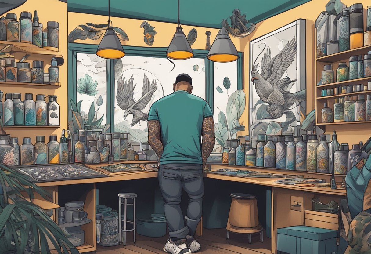 Studio Tatuagem Curitiba: Os Melhores Artistas e Tendências Locais Um tatuador escolhe cuidadosamente as cores da tinta enquanto está cercado por vários designs de tatuagem e equipamentos em um estúdio de tatuagem moderno e estiloso em Curitiba.