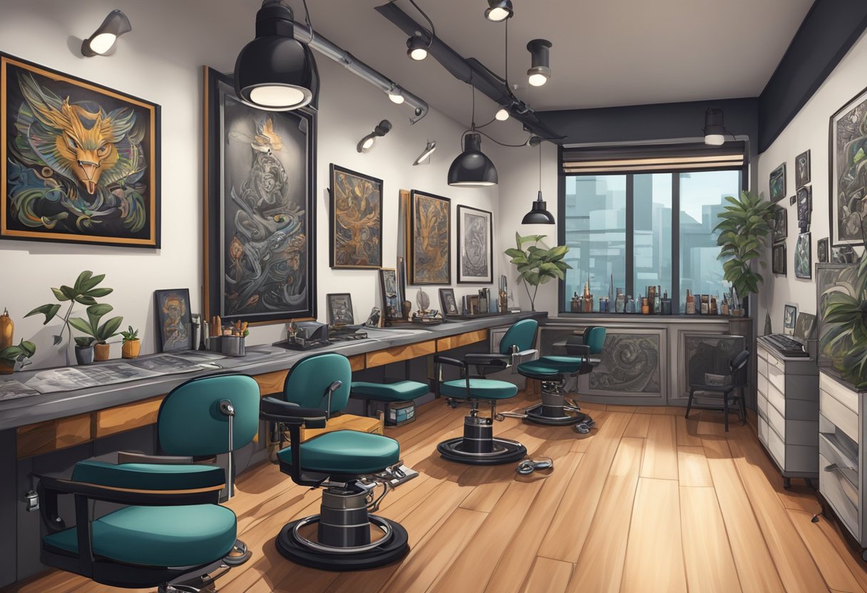 Studio Tatuagem Curitiba: Os Melhores Artistas e Tendências Locais Um estúdio de tatuagem moderno em Curitiba, com decoração elegante, cadeiras de tatuagem e uma variedade de equipamentos de tatuagem e obras de arte nas paredes.