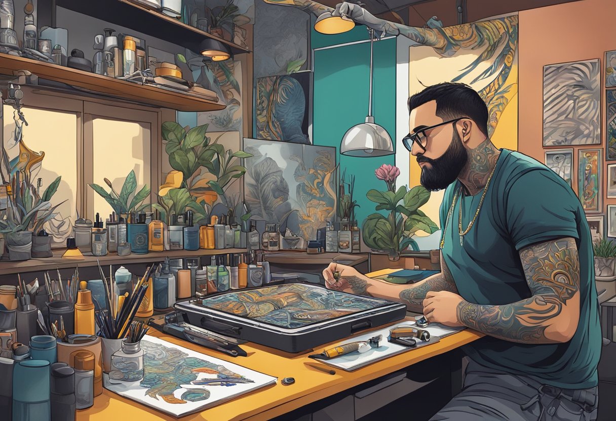 Studio Tatuagem Curitiba: Os Melhores Artistas e Tendências Locais Um tatuador trabalhando em um estúdio movimentado, cercado por designs vibrantes e equipamentos em Curitiba, Brasil