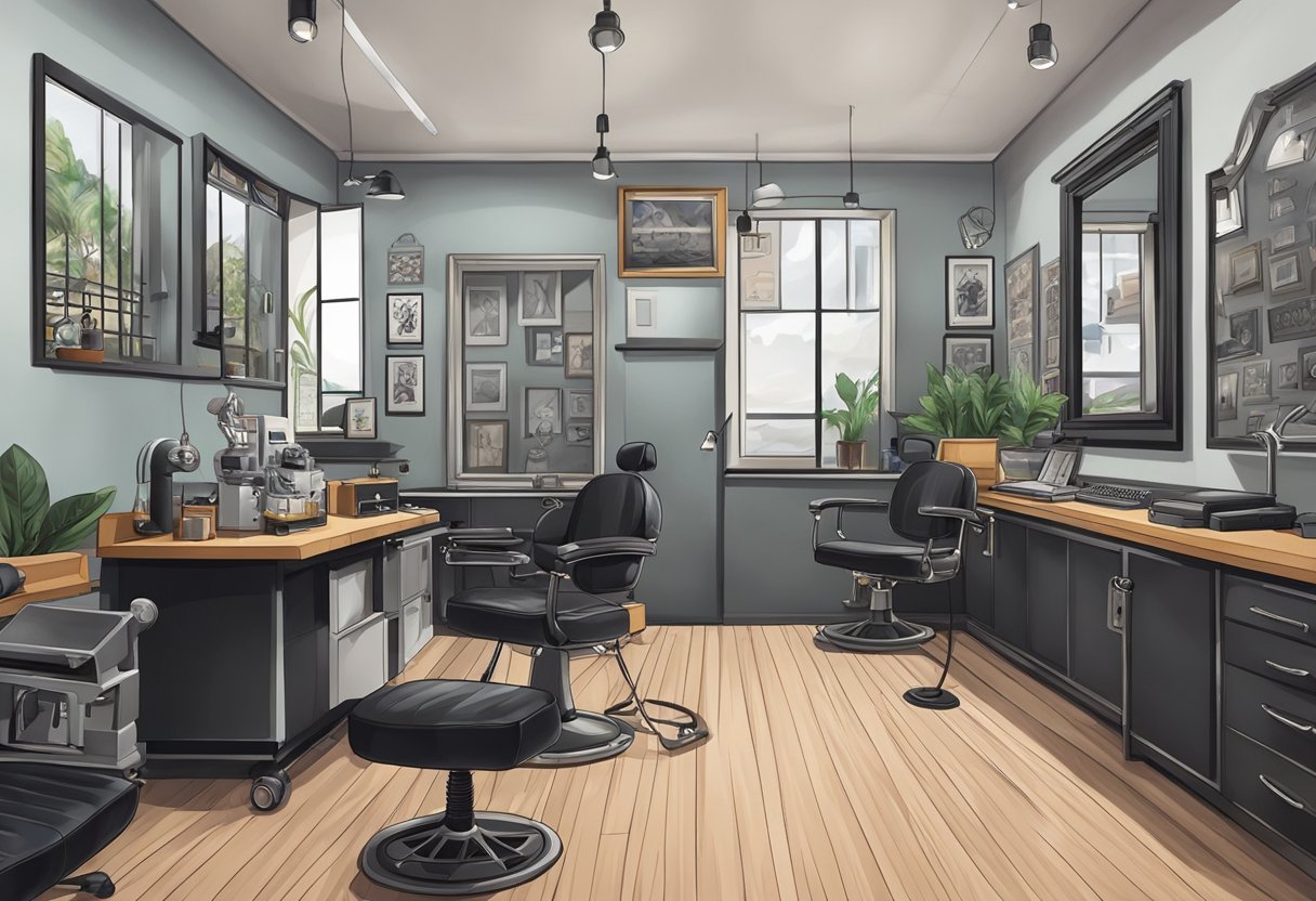 Studio Tatuagem Curitiba: Os Melhores Artistas e Tendências Locais Um estúdio de tatuagem em Curitiba com decoração limpa e moderna e equipamentos profissionais