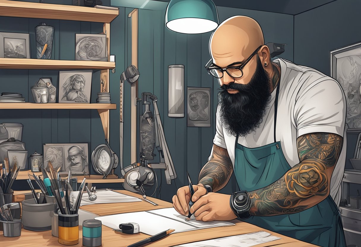 Studio Tatuagem Curitiba: Os Melhores Artistas e Tendências Locais Um tatuador em um estúdio em Curitiba, Brasil, se comunica e agenda sessões com clientes em um ambiente moderno e estiloso.