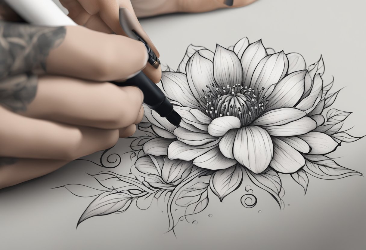 Tattoo Delicada: Ideias e Cuidados Essenciais Uma pequena e intrincada tatuagem de flor sendo delicadamente feita em uma superfície lisa e sem imperfeições.
