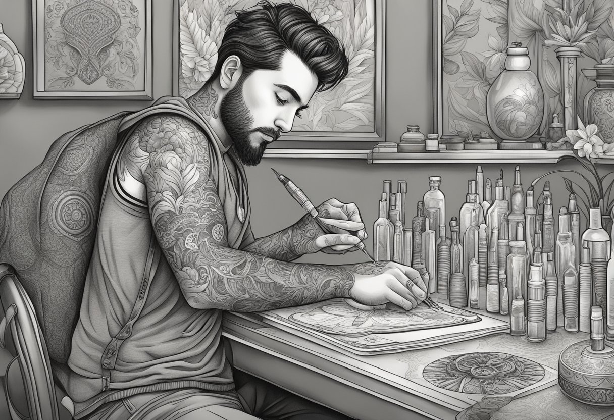 Tatuadores Curitiba Traço Fino: Os Melhores Artistas para Tattoos Detalhadas Um tatuador em Curitiba aplica delicadamente linhas finas com técnicas complementares, cercado por frascos de tinta vibrantes e designs intrincados.
