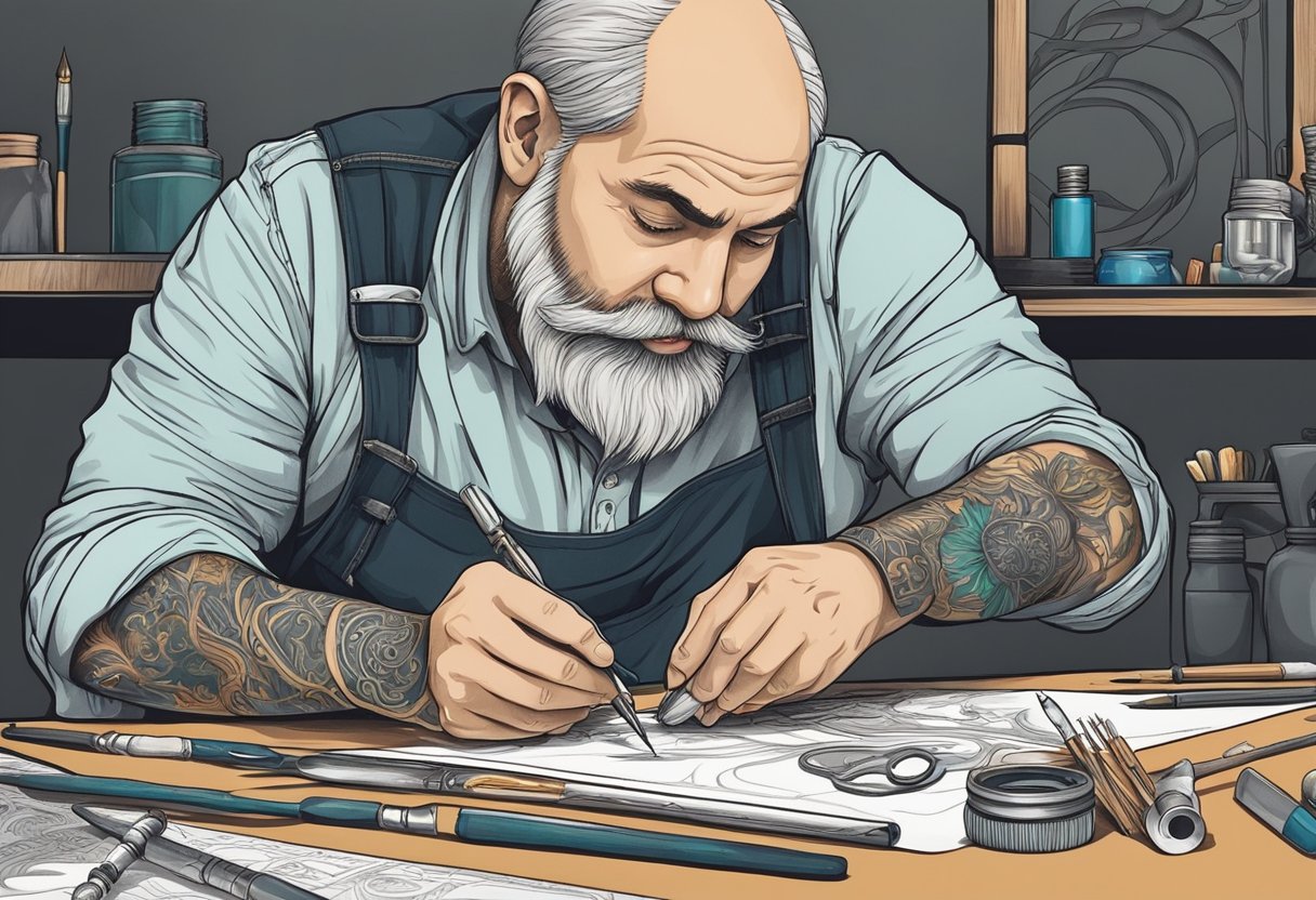 Tatuadores Curitiba Traço Fino: Os Melhores Artistas para Tattoos Detalhadas Um artista seleciona cuidadosamente um design de linhas finas, cercado por várias ferramentas e materiais, no processo criativo de tatuagem em Curitiba.