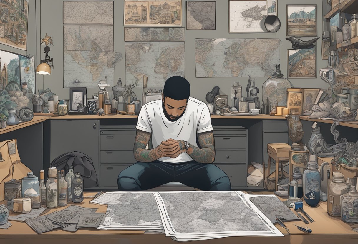 Tatuadores Perto de Mim: Encontre os Melhores Artistas na Sua Região Uma pessoa pesquisando tatuadores, cercada por designs e fotos de tatuagens, com um mapa mostrando estúdios de tatuagem nas proximidades.