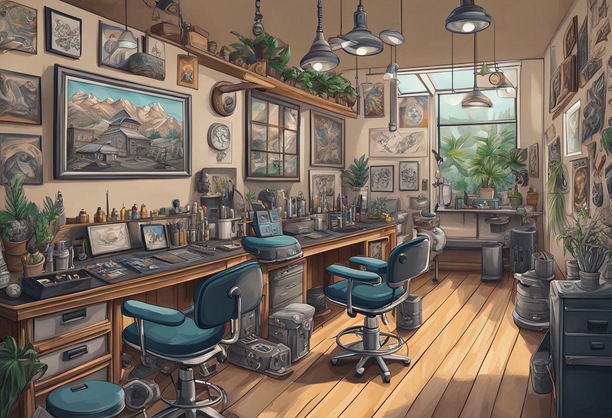 Tatuadores Perto de Mim: Encontre os Melhores Artistas na Sua Região Um estúdio de tatuagem com vários artistas especializados em diferentes estilos, cercado por exemplos de seu trabalho e equipamentos de tatuagem.