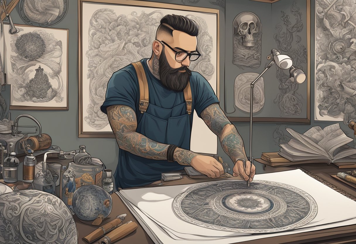 Tatuadores Perto de Mim: Encontre os Melhores Artistas na Sua Região Um tatuador examina cuidadosamente um portfólio de designs intrincados enquanto está cercado por vários estilos de tatuagem e obras de arte.