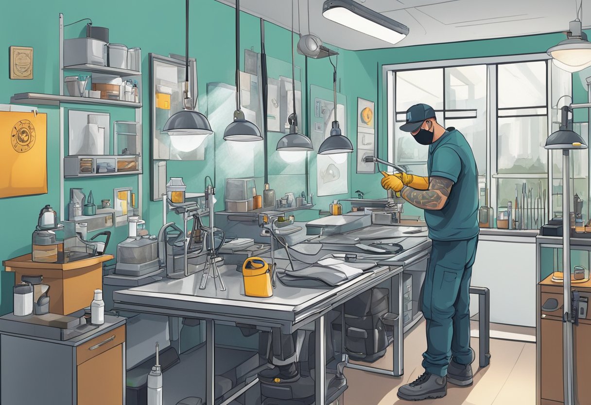 Tatuadores Perto de Mim: Encontre os Melhores Artistas na Sua Região Um tatuador limpa e esteriliza seu equipamento em um estúdio bem iluminado e organizado, com placas de segurança e equipamentos de proteção visíveis.
