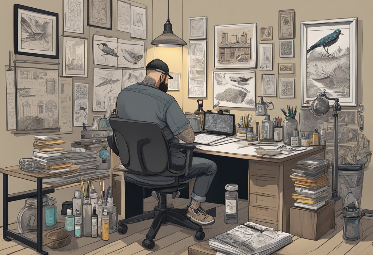 Tatuadores Perto de Mim: Encontre os Melhores Artistas na Sua Região Um tatuador está sentado em uma mesa, cercado por esboços e livros de referência. Um calendário está pendurado na parede, cheio de compromissos. Frascos de tinta e máquinas de tatuagem estão organizados de forma ordenada na mesa.