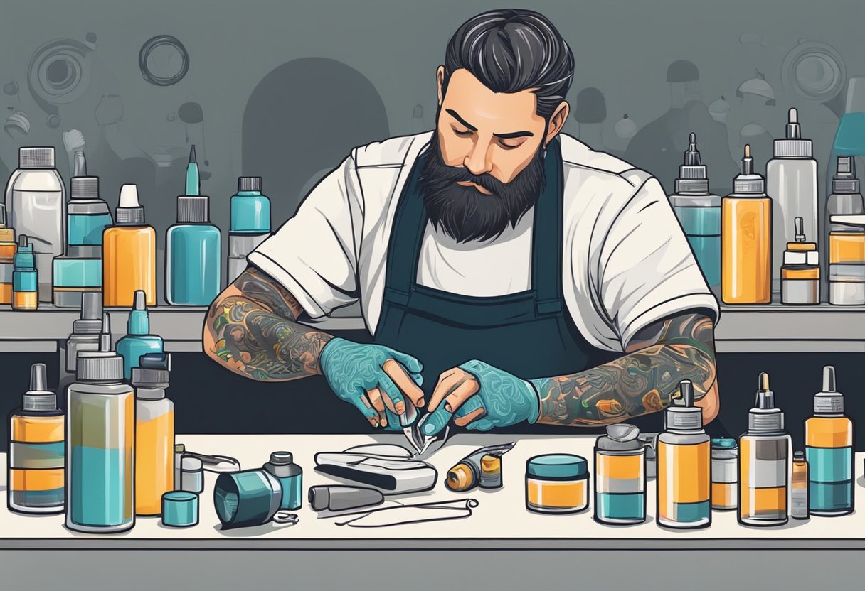 Tatuadores Perto de Mim: Encontre os Melhores Artistas na Sua Região Um tatuador aplica cuidadosamente pomada em um design recém-tatuado, cercado por frascos de produtos para cuidados posteriores em uma superfície de trabalho limpa e estéril.