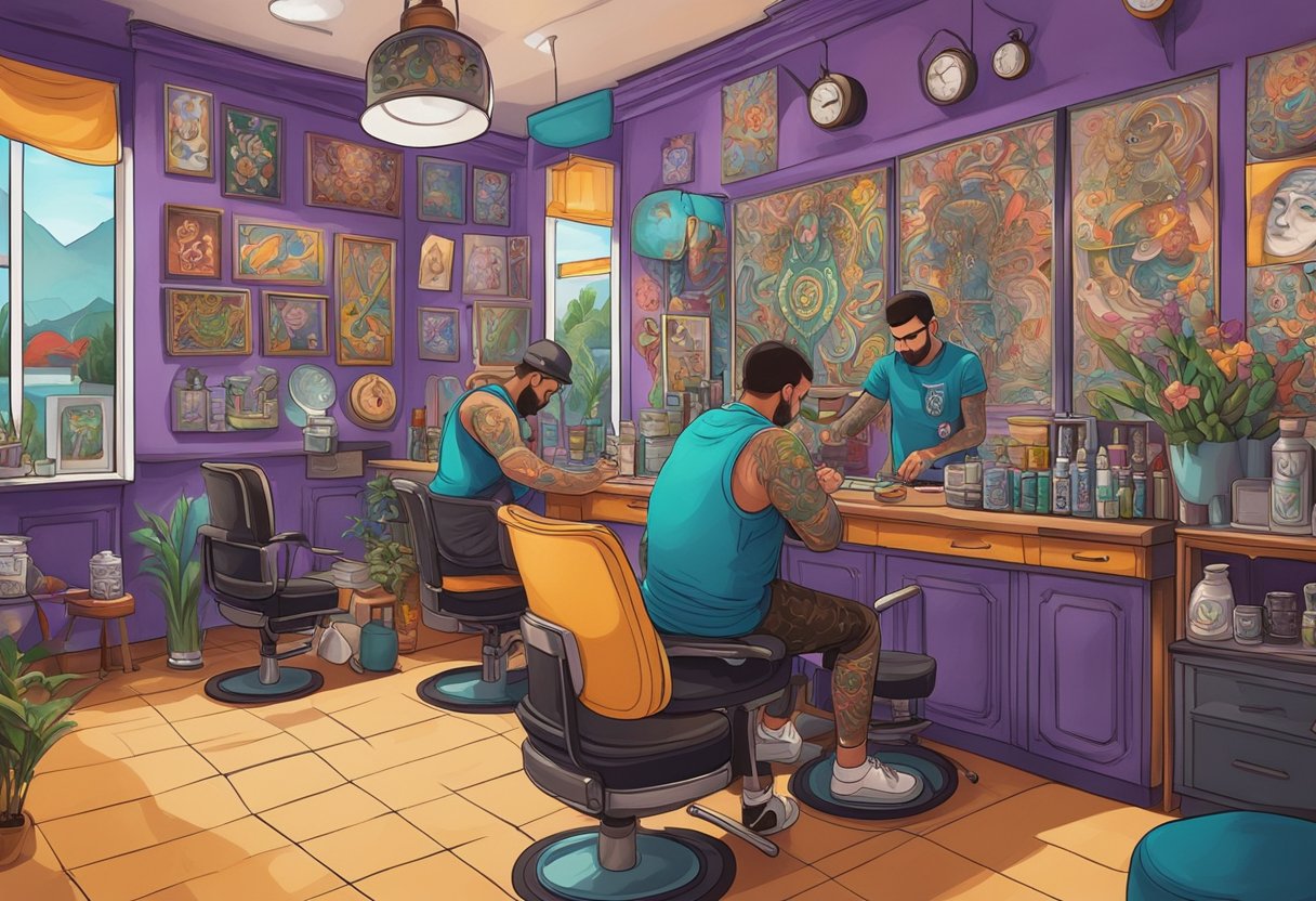 Tatuagem Colorida Curitiba: Descubra os Melhores Estúdios na Capital Paranaense Um estúdio de tatuagem vibrante e colorido em Curitiba, com vários designs de tatuagem exibidos nas paredes e um tatuador trabalhando no braço de um cliente.