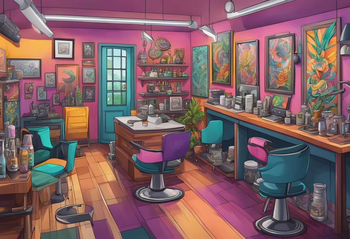 Tatuagem Colorida Curitiba: Descubra os Melhores Estúdios na Capital Paranaense Uma vibrante e colorida loja de tatuagens em Curitiba, com vários estilos de tatuagem em exibição e artistas trabalhando.