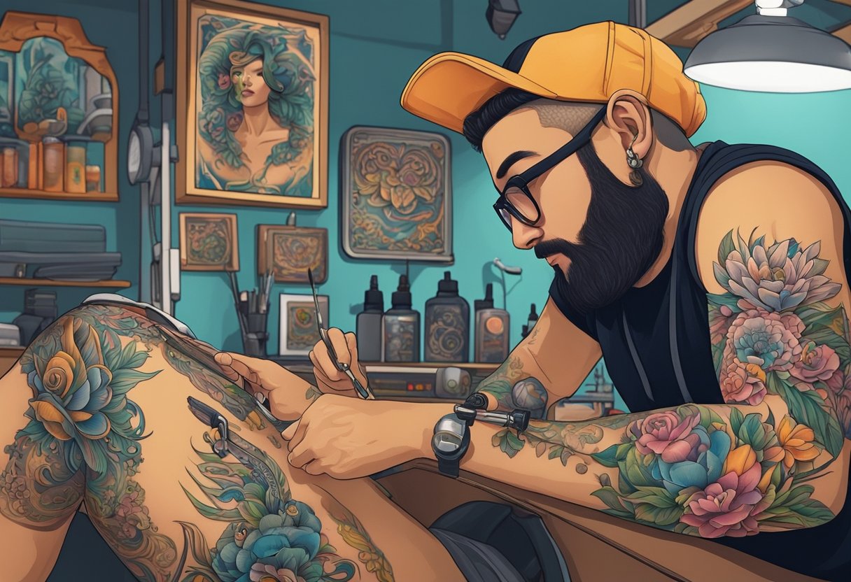 Tatuagem Colorida Curitiba: Descubra os Melhores Estúdios na Capital Paranaense Um tatuador em Curitiba aplica cuidadosamente cores vibrantes em um design detalhado na pele de um cliente. O estúdio está cheio do zumbido da máquina de tatuagem e do cheiro de antisséptico.