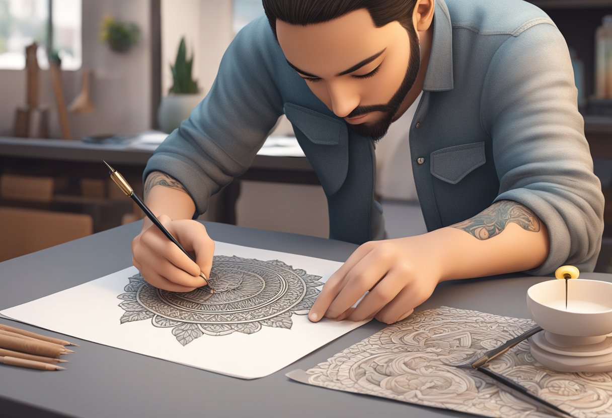 Tatuagem Delicada Curitiba: Melhores Estúdios e Tendências Uma tatuagem delicada sendo cuidadosamente feita em um estúdio aconchegante em Curitiba, Brasil, cercada por designs intrincados e uma atmosfera serena.