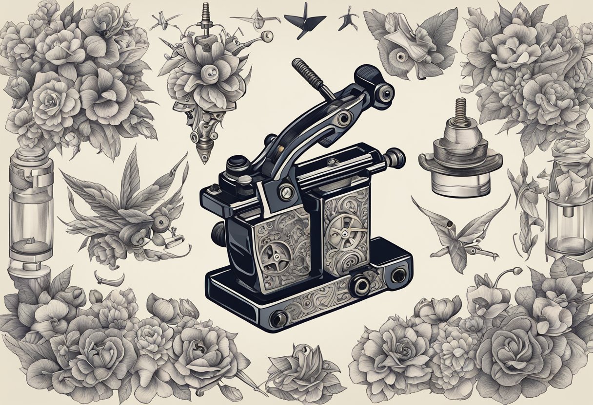 Valores de Tatuagem Pequena: Guia de Preços e Fatores a Considerar Uma pequena máquina de tatuagem cercada por vários pequenos designs de tatuagem, simbolizando a importância e a popularidade das pequenas tatuagens.