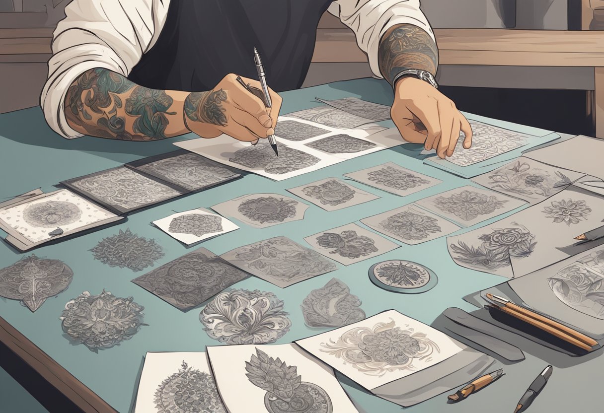 Valores de Tatuagem Pequena: Guia de Preços e Fatores a Considerar Uma pessoa escolhendo um pequeno design de tatuagem entre uma variedade de opções exibidas em uma mesa
