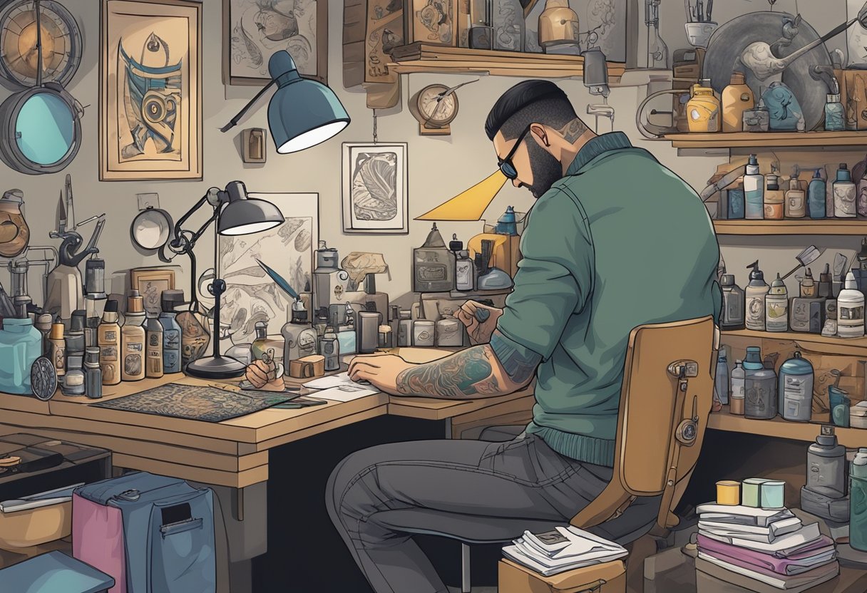 Valores de Tatuagem Pequena: Guia de Preços e Fatores a Considerar Um tatuador seleciona cuidadosamente as cores de tinta e os designs para uma pequena tatuagem, cercado por vários equipamentos de tatuagem e imagens de referência.