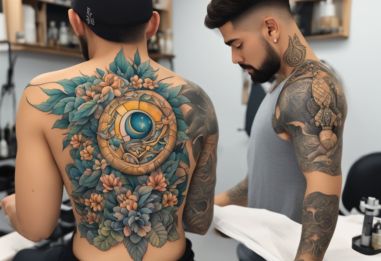 Valores de Tatuagem Pequena: Guia de Preços e Fatores a Considerar Uma pequena tatuagem sendo feita por um tatuador em um estúdio brasileiro, com informações de preços e custo médio exibidas nas proximidades.