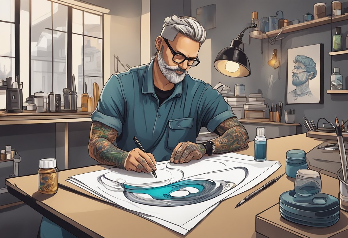 Valores de Tatuagem Pequena: Guia de Preços e Fatores a Considerar Um tatuador tatuando cuidadosamente um pequeno design na pele de um cliente em um estúdio profissional.