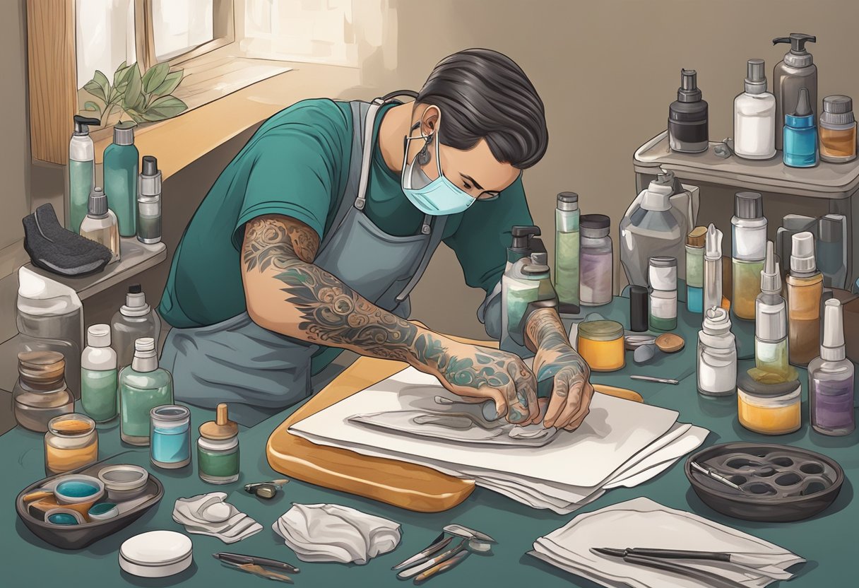 Valores de Tatuagem Pequena: Guia de Preços e Fatores a Considerar Uma pequena tatuagem sendo cuidadosamente limpa e tratada com pomada, cercada por suprimentos de cura e cuidados posteriores.