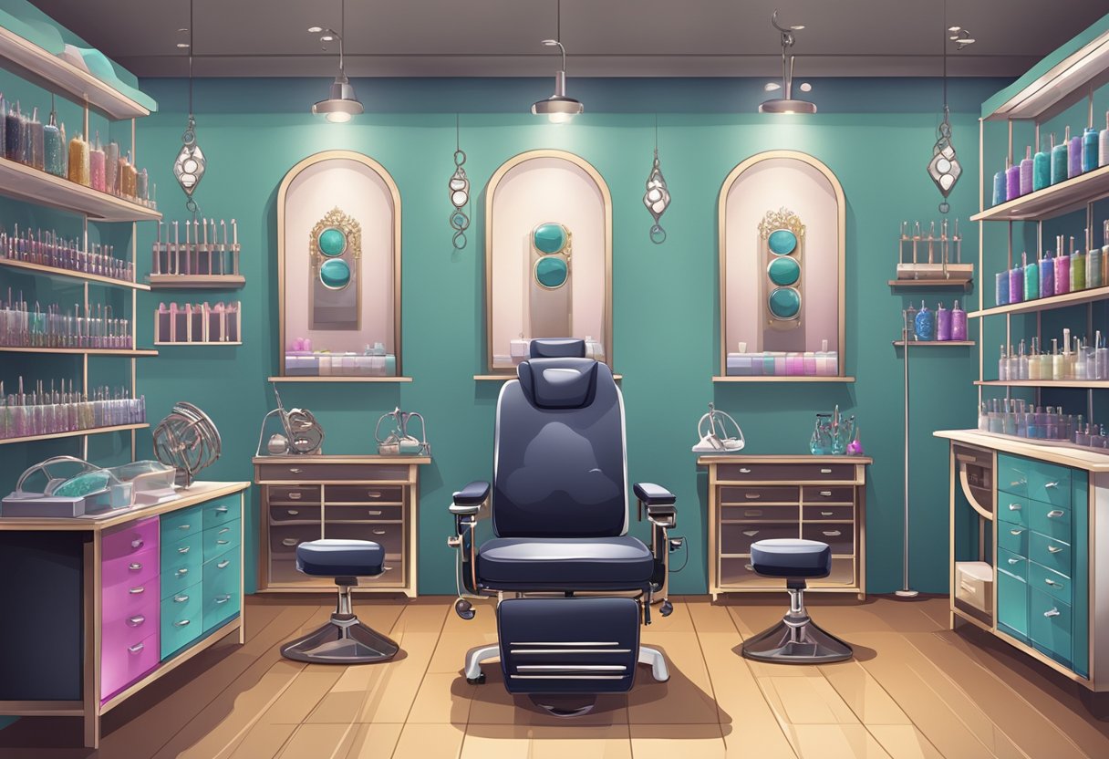 Body piercings perto de mim: melhores estúdios e cuidados essenciais Um estúdio de piercings com várias joias corporais exibidas em prateleiras e uma cadeira de piercing profissional no centro