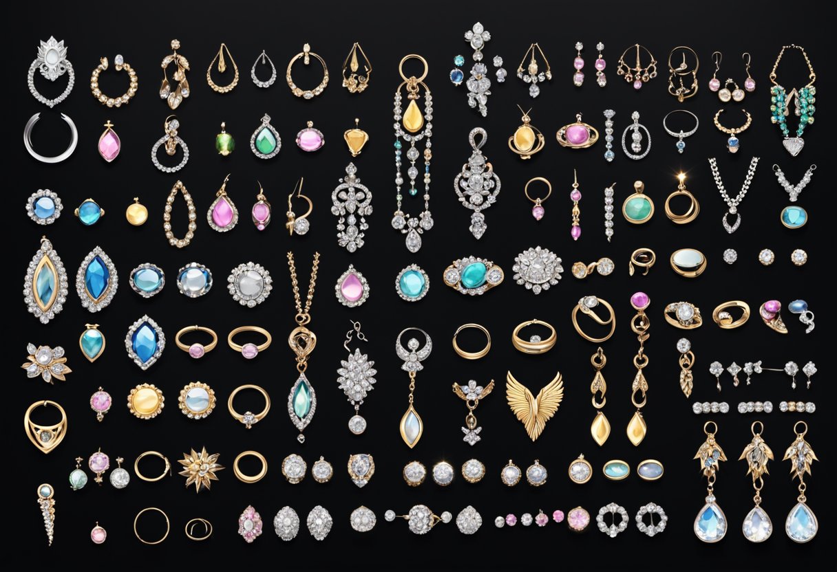 Body piercings perto de mim: melhores estúdios e cuidados essenciais Uma exibição de várias joias de piercing corporal dispostas sobre um fundo de veludo preto, com holofotes destacando os diferentes tipos e estilos.