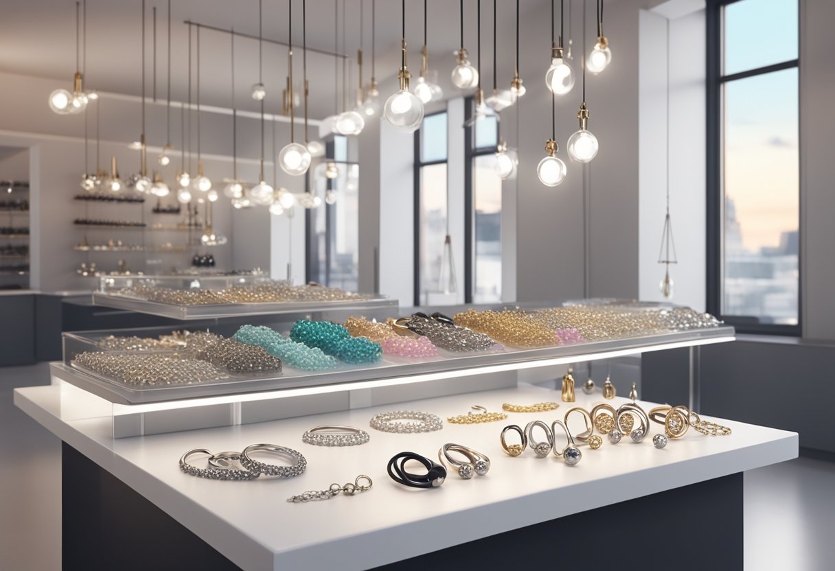 Body piercings perto de mim: melhores estúdios e cuidados essenciais Uma exposição de várias joias de piercings corporais dispostas em um balcão elegante e moderno em um estúdio bem iluminado e estiloso.