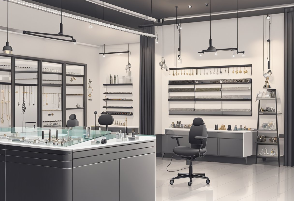 Body piercings perto de mim: melhores estúdios e cuidados essenciais Um estúdio de piercings moderno e elegante, com uma variedade de joias e equipamentos, situado em um cenário limpo e minimalista.