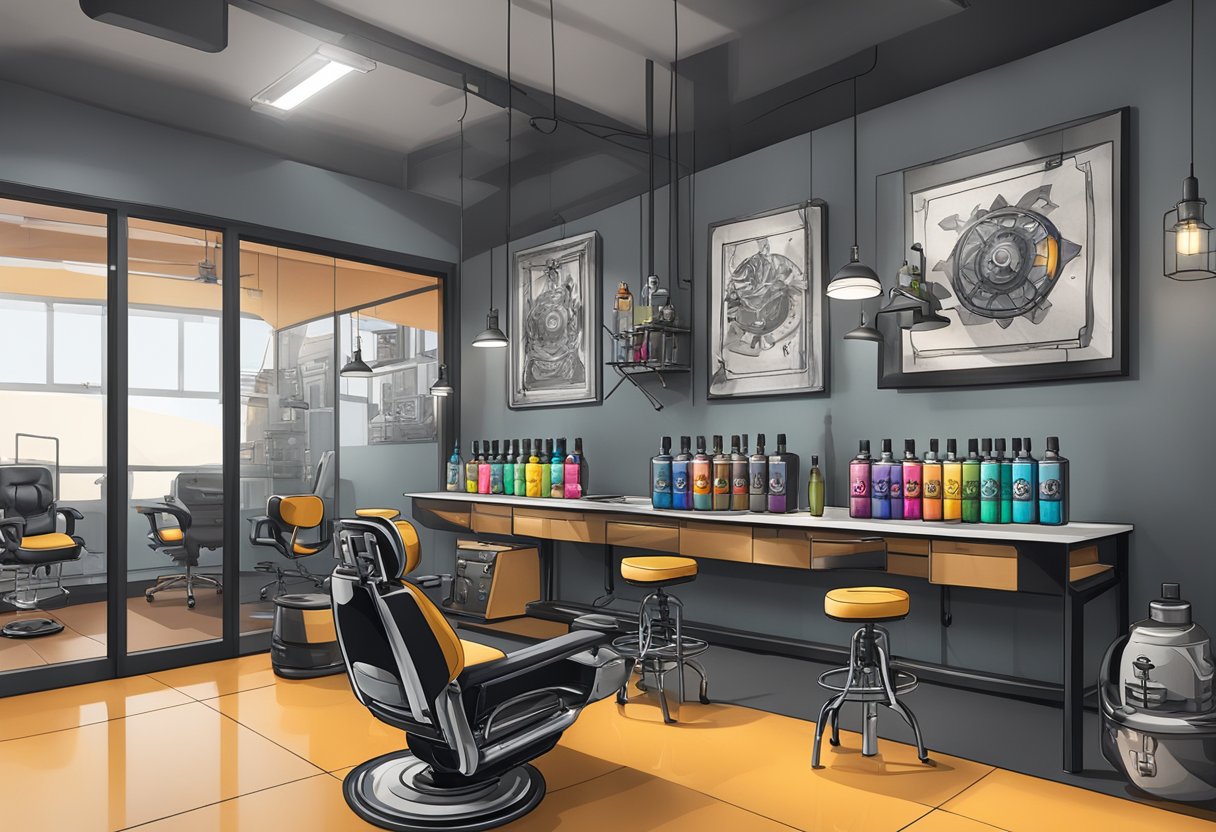 Estúdio de Tatuagem São José dos Pinhais: Arte e Profissionalismo em Cada Traço Um estúdio de tatuagem moderno em São José dos Pinhais com decoração industrial elegante, cadeiras de tatuagem e uma exibição de frascos de tinta colorida