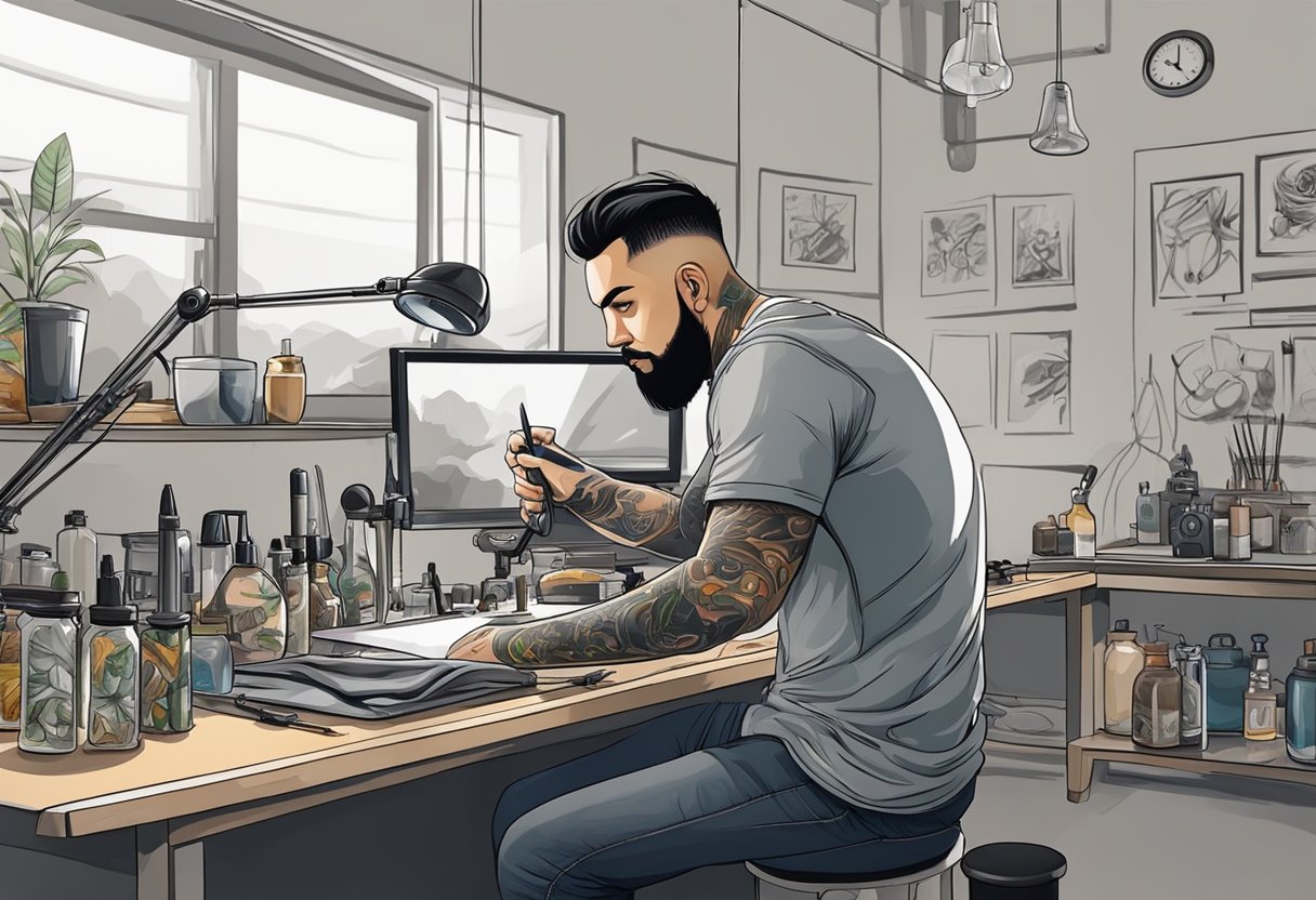 Estúdio de Tatuagem São José dos Pinhais: Arte e Profissionalismo em Cada Traço Um tatuador prepara cuidadosamente os equipamentos em um estúdio limpo e organizado em São José dos Pinhais, focando no processo e nos cuidados da tatuagem.