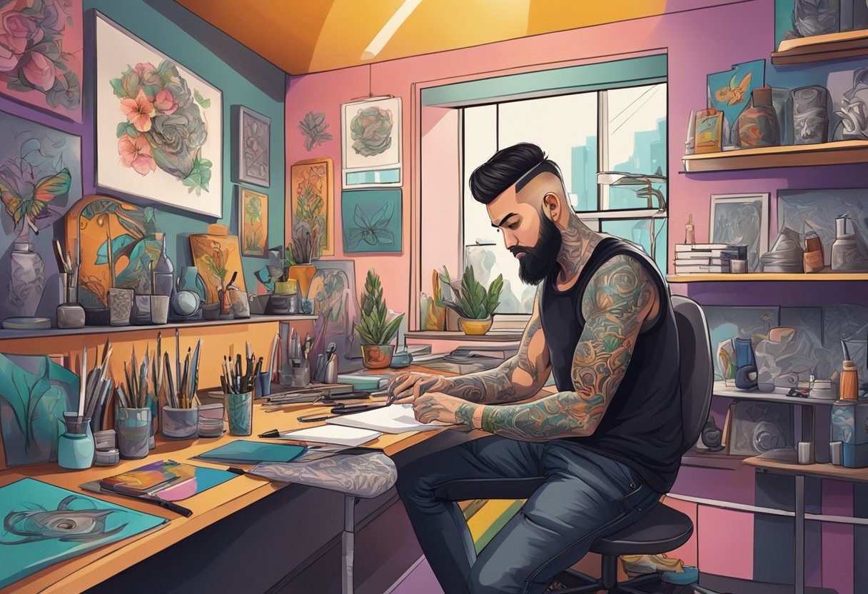 Estúdio de Tatuagem São José dos Pinhais: Arte e Profissionalismo em Cada Traço Um tatuador trabalhando em um estúdio moderno, cercado por equipamentos de tatuagem e designs coloridos nas paredes