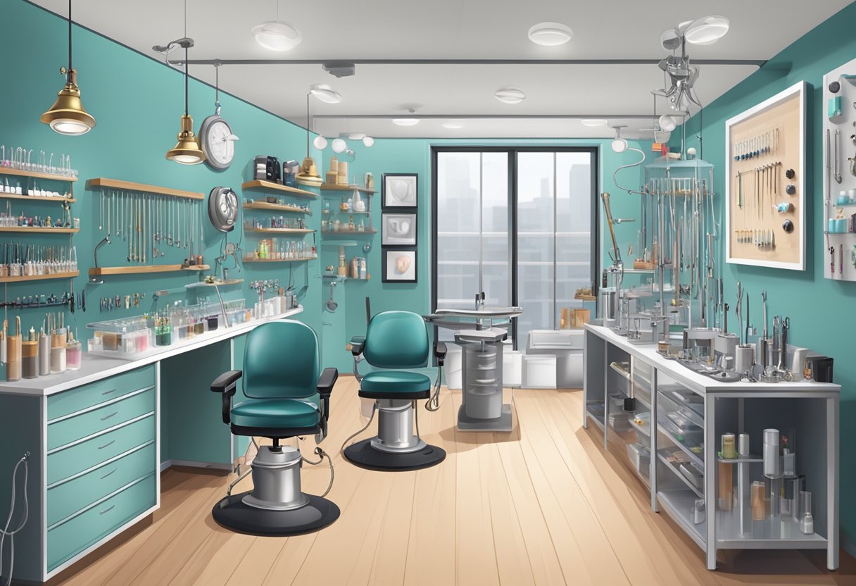 Lojas de Piercing Perto de Mim: Encontre as Melhores Opções Locais Um estúdio de piercings com várias ferramentas e joias expostas, um ambiente estéril com um piercer profissional pronto para ajudar.