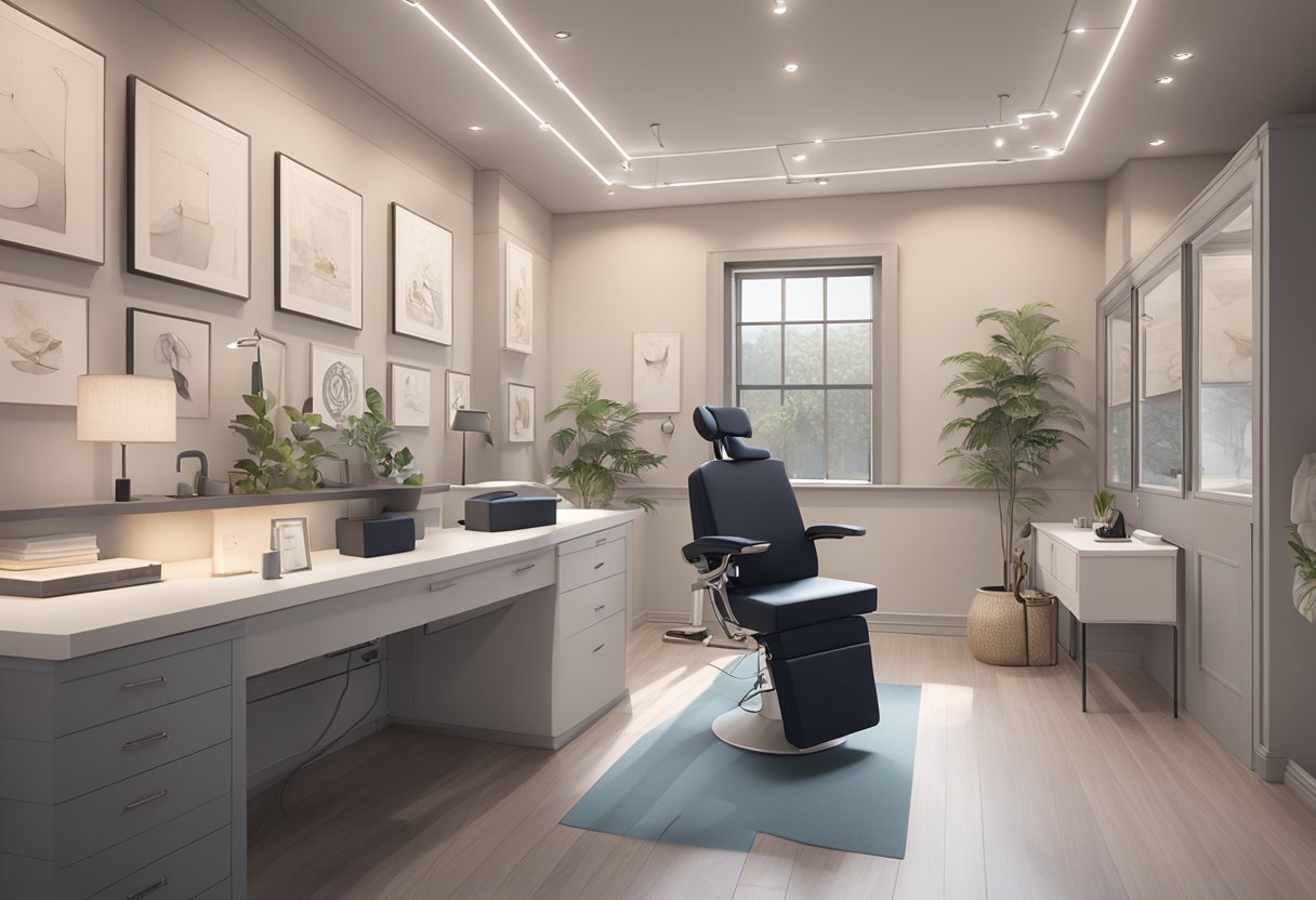 Lojas de Piercing Perto de Mim: Encontre as Melhores Opções Locais Um estúdio de piercing sereno e moderno, com uma estética limpa e minimalista. Iluminação suave e assentos confortáveis criam uma atmosfera acolhedora para clientes que buscam modificações corporais.