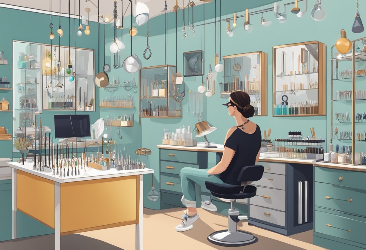 Lojas de Piercing Perto de Mim: Encontre as Melhores Opções Locais Uma pessoa sentada em um estúdio de piercing limpo e moderno, cercada por várias ferramentas de piercing e exibições de joias. Um piercer profissional está de pé nas proximidades, pronto para responder a qualquer pergunta.