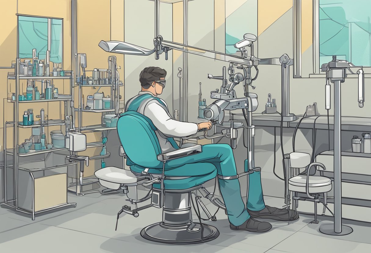 Lugar para Colocar Piercing Perto de Mim: Dicas Essenciais de Escolha Uma pessoa sentada em uma cadeira enquanto um piercer prepara as ferramentas e esteriliza a área para um novo piercing.