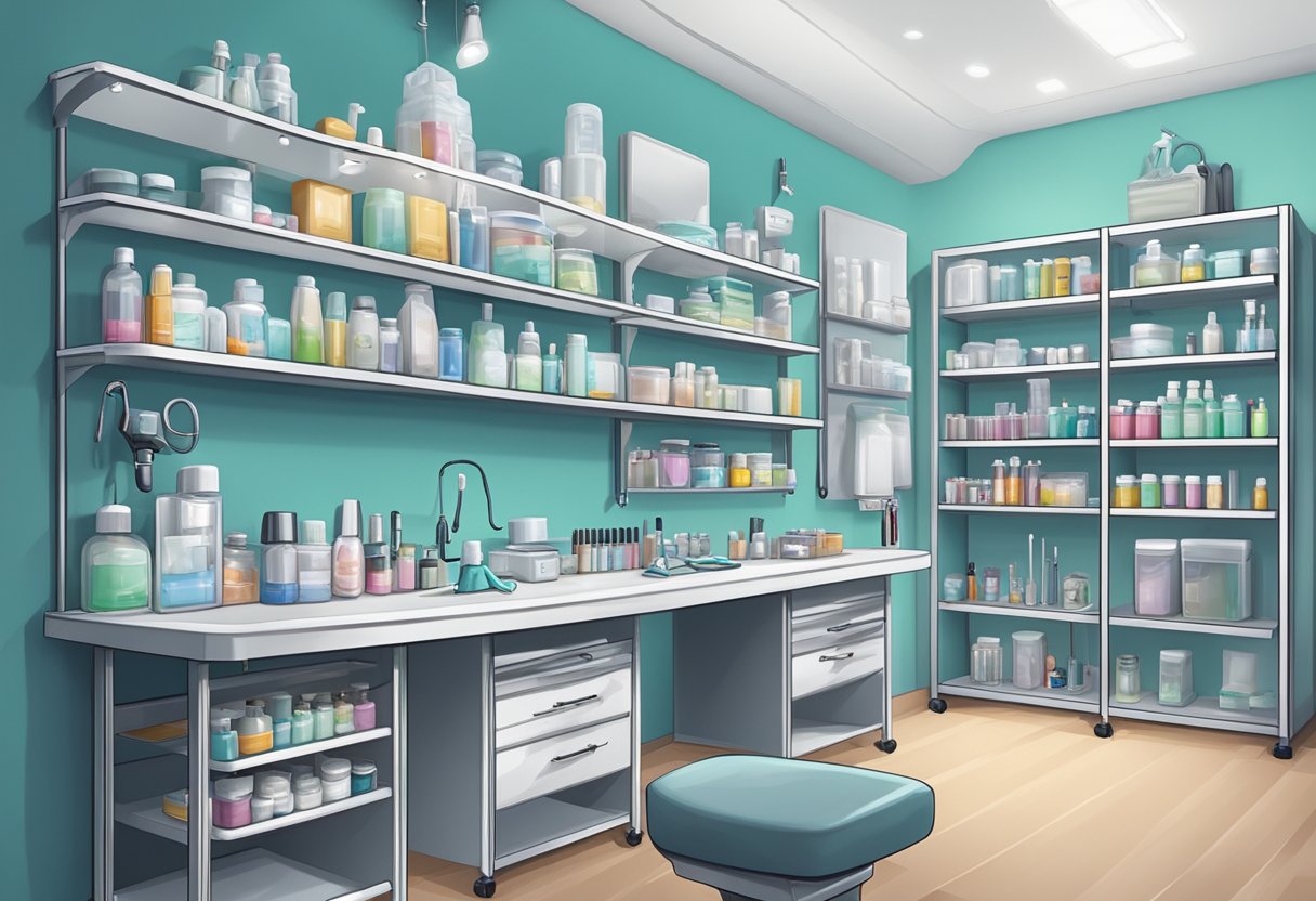 Lugar para Colocar Piercing Perto de Mim: Dicas Essenciais de Escolha Uma sala limpa e estéril com uma mesa de perfuração, ferramentas e produtos de pós-tratamento organizados de forma ordenada em prateleiras.