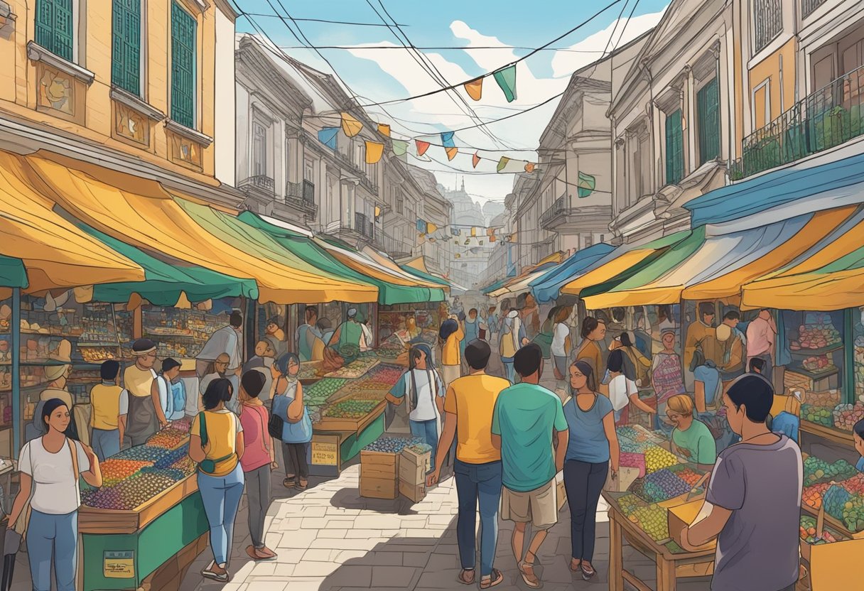 Onde Comprar Piercing em Curitiba: Melhores Lojas e Dicas Um movimentado mercado de rua em Curitiba, com exibições coloridas de piercings únicos e intrincados. Os clientes exploram a seleção, admirando a arte e o artesanato disponíveis.