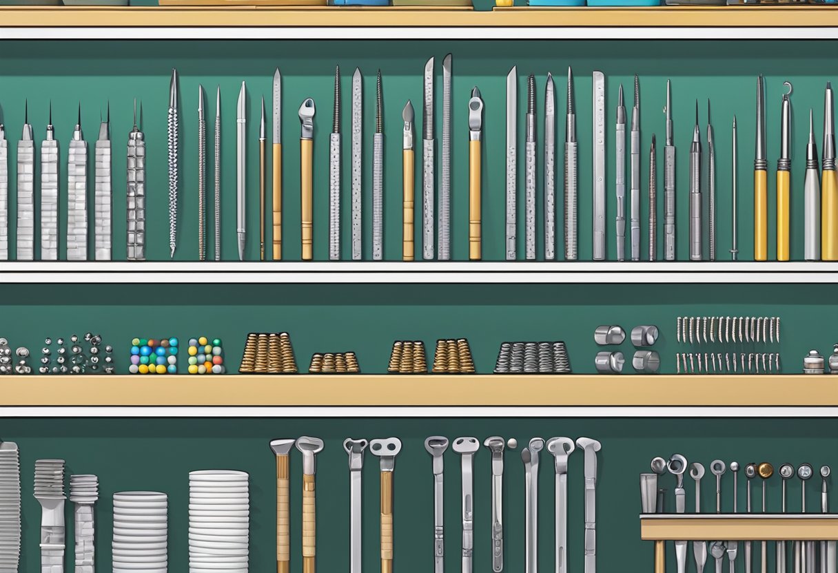 Onde Comprar Piercing em Curitiba: Melhores Lojas e Dicas Uma exibição de vários materiais e ferramentas de piercings em uma loja especializada em Curitiba, Brasil. Prateleiras repletas de brincos, argolas e agulhas.
