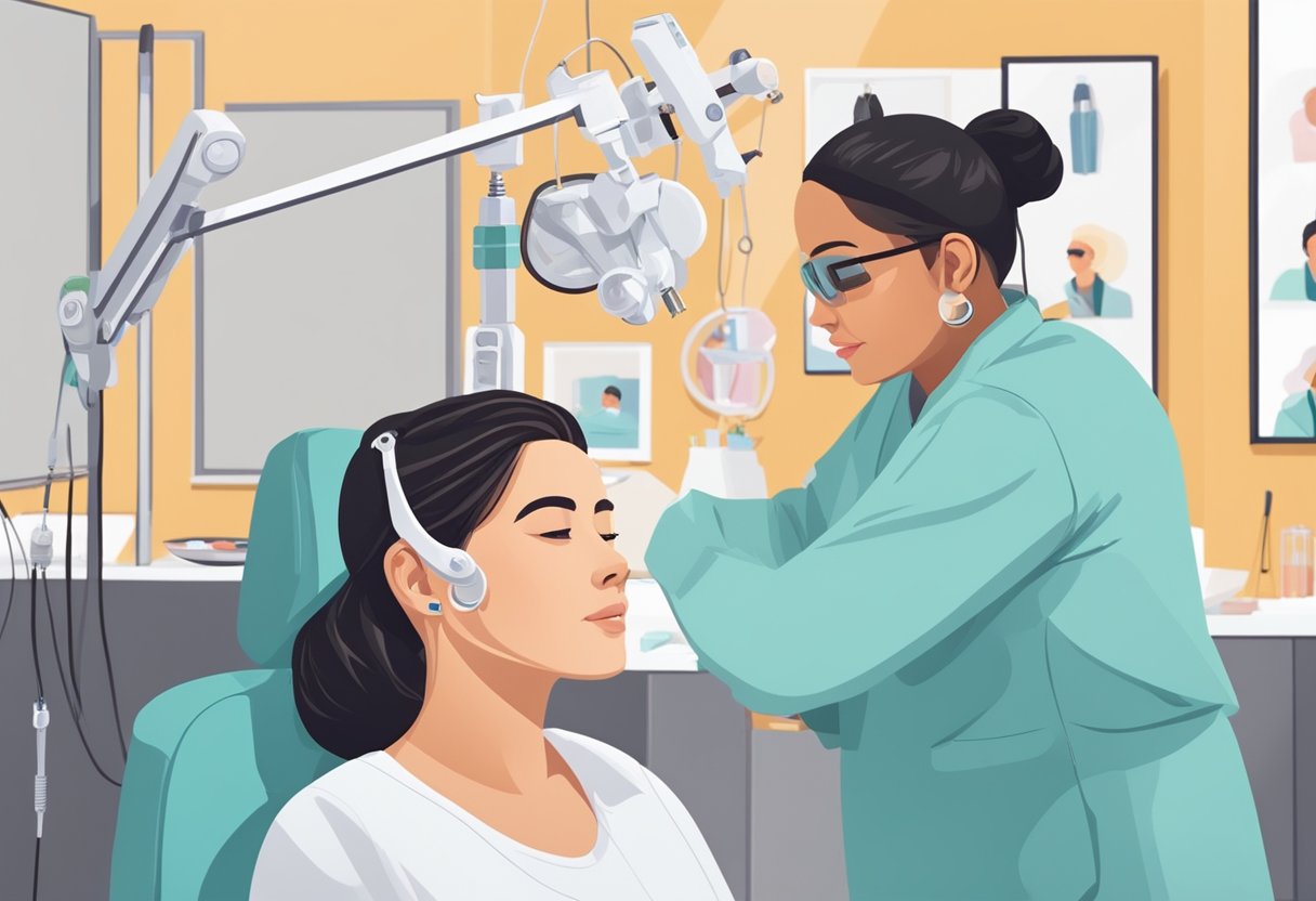 Onde Furar a Orelha em Curitiba: Melhores Locais e Dicas Uma pessoa em Curitiba fazendo o piercing na orelha em um estúdio limpo e moderno, com um profissional usando equipamentos estéreis e fornecendo informações sobre os cuidados pós-procedimento.